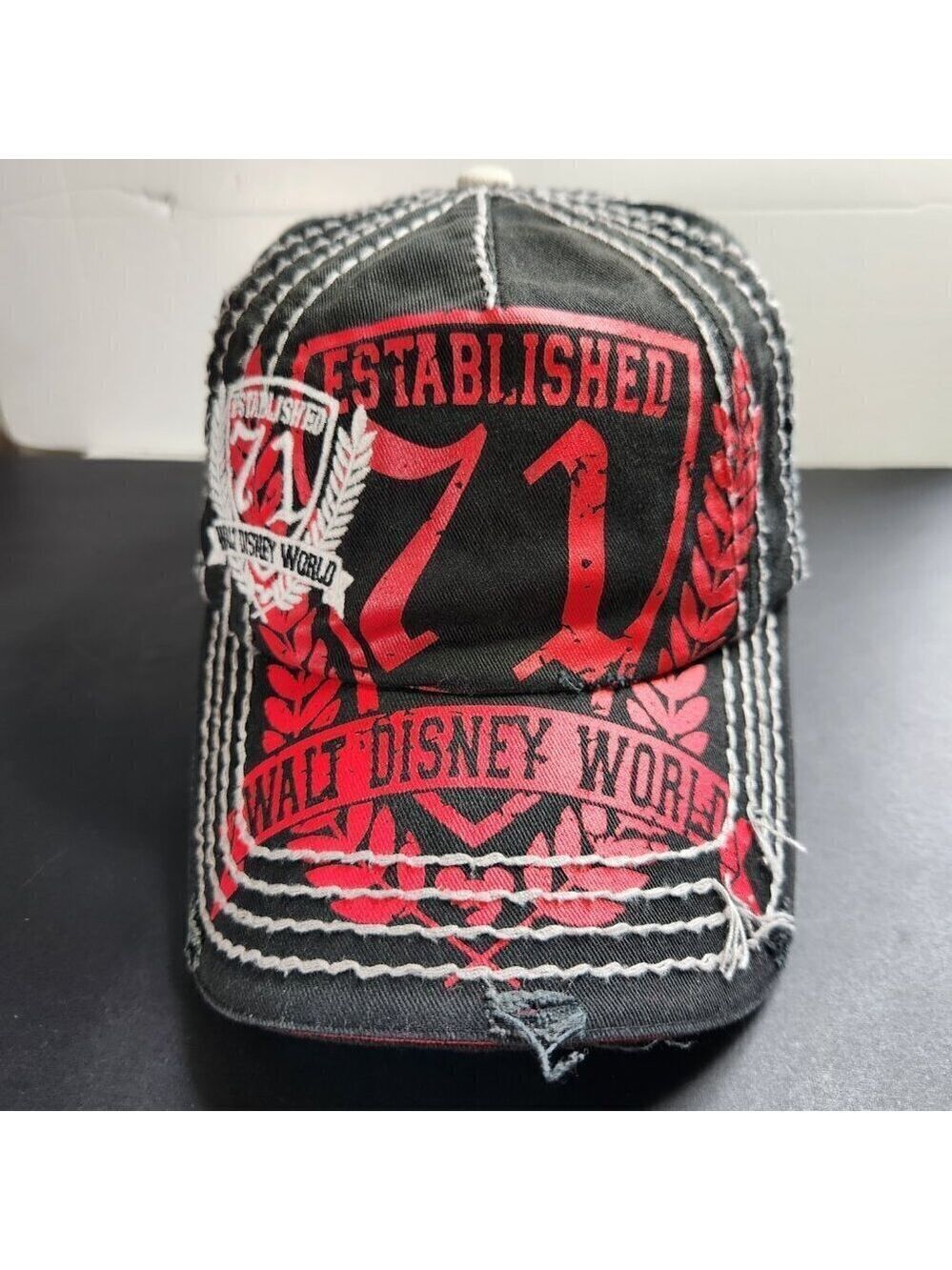 Disney Hat Cap Distressed All Over Embroidered Stitching Strap Back